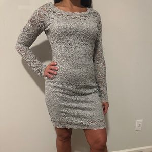gray/silver lace sequin long sleeve dress